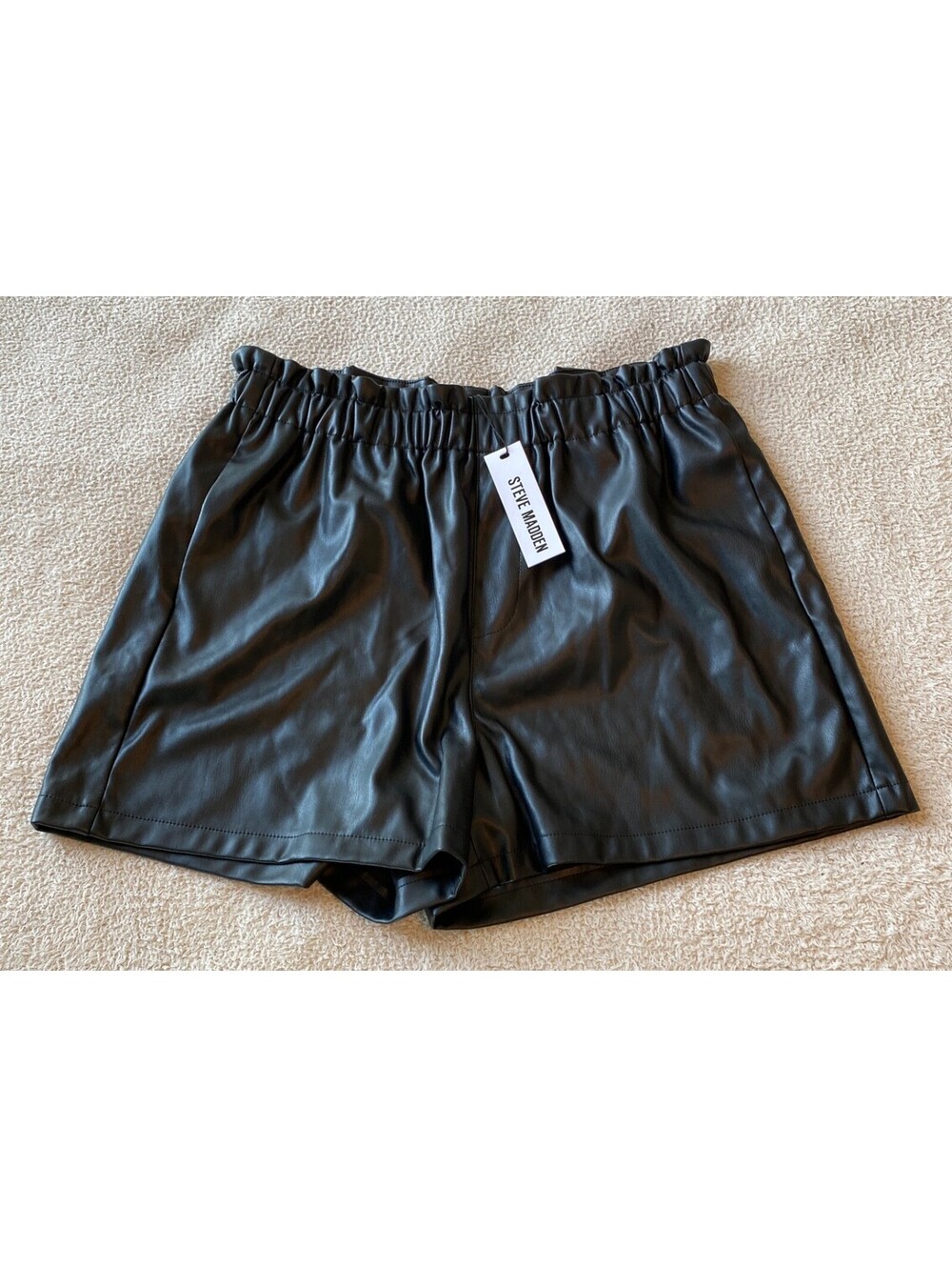NWT Steve Madden Faux Vegan Leather Paperbag Black Shorts Large NEW $69